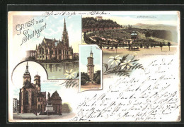 Lithographie Stuttgart, Stiftskirche, Bopserbrunnen, Aussichtsturm Bei Degerloch  - Stuttgart