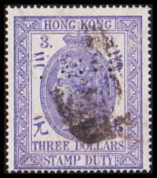 1874. HONG KONG. VICTORIA. STAMP DUTY. 3 THREE DOLLARS. With Perfin.  (Michel 2) - JF542851 - Stempelmarke Als Postmarke Verwendet