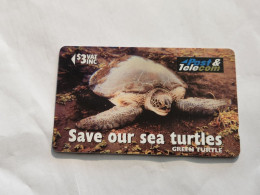 FiGI-(17FJB-FIJ-084A)-Green Turtle-Vonu Dina-(80)(1996)-($3)-(17FJB049613)-(TIRAGE-38.200)-used Card+1card Prepiad Free - Fidschi