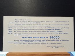 Code Postal. Carte D'informations Des PTT, Secteur Postal 34000 Montpellier Recette Principale. Neuve - Lettres & Documents