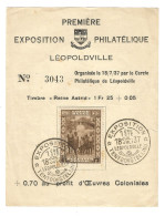 Vignette Ticket 1937 Leopoldville Congo Belge Belgisch Congo Premiere Exposition Philatelique Timbre Reine Astrid 1,25 F - Covers & Documents