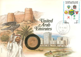 U.A.E.  - 1987 - FDC STAMP AND 5 FILS COIN OF 7th GCC SUPREME COUNCIL SESSION, (ABU DHABI). - Emirati Arabi Uniti