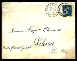 LETTRE DE HAGUENAU - 1924 - POUR SÉLESTAT - 25c SEMEUSE À FOND PLEIN - Covers & Documents