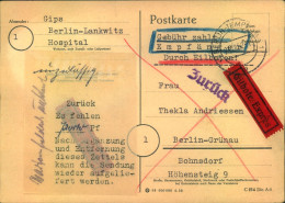 1952, Eilbotenkarte "Gebühr Zahlt Empfänger" Von "BERLIN-TEMPELHOF" Nach Grünau Mit "Zurück"-Aufkleber - Storia Postale