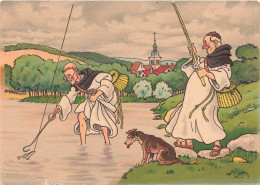 ILLUSTRATEUR SIGNE - Harry Elliott - Deux Moines à La Pêche - Chien - Eglise - Lac - Carte Postale Ancienne - Other & Unclassified