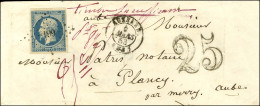 PC 199 / N° 10 Belles Marges Càd T 15 AUXERRE (83) Sur Lettre 2 Ports (8 Grammes 1/2) Pour Plancy, Taxée 25c Manuscrit + - 1852 Luis-Napoléon