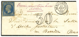 N° 14 (def) Càd T 15 BOURG-S-GIRONDE (32) Sur Lettre Pour Bordeaux, Taxe 30 DT Et Mention Manuscrite '' Taxe Pour Timbre - 1853-1860 Napoléon III.