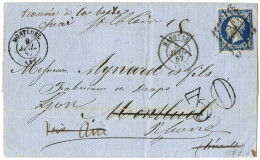 PC 295 / N° 14 Càd T 15 BAYONNE (64) Sur Lettre Pour Montluel Réexpédiée à Lyon, Au Recto Taxe 30 DT Et Mention Manuscri - 1853-1860 Napoléon III