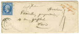 PC 3424 / N° 14 Bleu Sur Lilas Càd T 15 TRIEL (72) Sur Lettre 2 Ports Insuffisamment Affranchie Pour Paris, Griffe Rouge - 1853-1860 Napoleon III