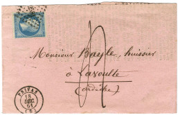 PC 2581 / N° 14 Bleu Sur Vert (filet Effleuré) Càd T 15 PRIVAS (6) Sur Bande D'imprimé 2 Ports Insuffisamment Affranchi  - 1853-1860 Napoléon III.