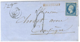 PC 2306 / N° 14 Càd T 15 NOYON (58) Sur Lettre 2 Ports (7 Grammes 63) Insuffisamment Affranchie Pour Compiègne, Griffe R - 1853-1860 Napoleon III