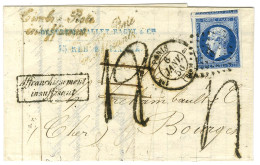 Losange B / N° 14 Càd PARIS (60) Sur Lettre 2 Ports Insuffisamment Affranchie Pour Bourges, Griffe Rouge Timbre-Poste /  - 1853-1860 Napoleon III