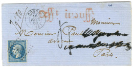 PC 968 / N° 14 Càd T 15 COSNE (56) Sur Lettre 2 Ports (7 Grammes 80) Insuffisamment Affranchie Pour Paris, Griffe Rouge  - 1853-1860 Napoleon III