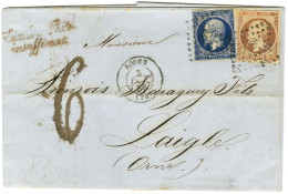 PC 2738 / N° 14 Bleu Noir + 16 Càd T 15 ROUEN (74) Sur Lettre 3 Ports Insuffisamment Affranchie Pour Laigle, Griffe Roug - 1853-1860 Napoleon III