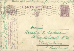 ROMANIA 1938 MILITARY POSTCARD, CENSORED, CERNAUTI STAMP, POSTCARD STATIONERY - Lettres 2ème Guerre Mondiale