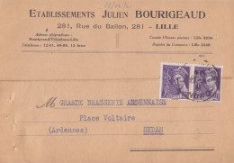 2 CP "Ets J. Bourigeaud" Obl. Lille Le 22/4/41 Et 17/9/41 Sur 40c X 2 Mercure N° 413 (tarif Du 1/12/39) Pour Sedan - 1938-42 Mercurius