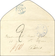 Cachet Provisoire Bleu ROUEN / 1871 Taxe Tampon 2 Sur Lettre Pour Paris, Au Verso Càd D'arrivée Bleu PARIS / ETRANGER 8  - Brieven En Documenten