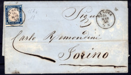 1858 16 MAR C.20 SASS 15Ab CON OTTIMI MARGINI SU LETTERA CON TESTO DA GENOVA PER TORINO FIRMA A.DIENA Cv 240 +++ - Sardinia