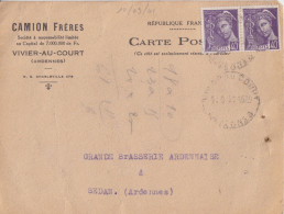 CP "Camion Fréres" Obl. Vivier Au Court Le 10/9/41 Sur 40c X 2 Mercure N° 413 (tarif Du 1/12/39) Pour Sedan - 1938-42 Mercurio