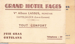 Casteljaloux * Grand Hôtel FAGES Vve Albert LASSUS Propriétaire Tel.59 Foie Gras * Carte De Visite Ancienne - Casteljaloux