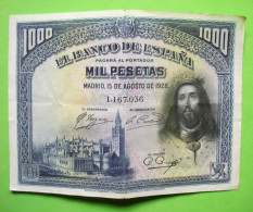 1928 Billete El Banco De Espana 1000 Pesetas Bon état Franco Deport Pour Europe N°1.167.036 - 1000 Pesetas