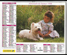 Almanach  Calendrier  P.T.T  - La Poste - 1998 -  Chien , Enfant , Lapins - Autres & Non Classés