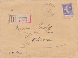 Lettre Recommandée De CORTE-20  Pour GHISONI-20, Type Semeuse 35c Seul Sur Lettre (enveloppe Déchirée) - 1877-1920: Période Semi Moderne