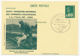 CP Entier Repiqué 0,80 Bequet - Soudure De Rails - 34e Expo Des Cheminots Philatélistes - PARIS -5/6 Fév 1977 - Cartes Postales Repiquages (avant 1995)
