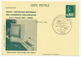 CP Entier Repiqué 0,80 Bequet - Réservation électronique - 34e Expo Des Cheminots Philatélistes - PARIS -5/6 Fév 1977 - Cartes Postales Repiquages (avant 1995)