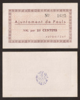 Billete Local 1937 Ajuntament De Paüls  25 Cts. - Otros & Sin Clasificación