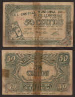 Billete Local 1937 Ajuntament De Pi De Llobregat  50 Cts. - Otros & Sin Clasificación