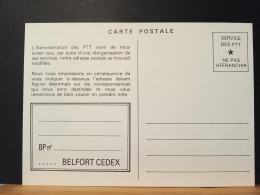 Code Postal, Carte Postale Blanche BELFORT CEDEX En Franchise, Neuve. - Brieven En Documenten