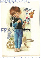 Petit Garçon En Pyjama, Chat Noir, Brouette, Bouquet De Fleurs, Oiseaux Par Fusimanya - Scènes & Paysages