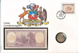 Chile / Államcímer 1962-1975. 1E + 1993. 100P Al-bronz Felbélyegzett Borítékban, Alkalmi Bélyegzéssel, Német Nyelvű Isme - Sin Clasificación