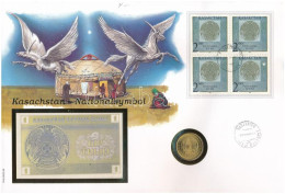 Kazahsztán "Nemzeti Szimbólum" Felbélyegzett Borítékban, Bélyegzéssel, Benne Kazahsztán 1993. 1T Bankjegy és 1993. 10T T - Non Classés
