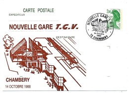 CP Entier Repiqué 2,00 Liberté Gandon - Nouvelle Gare TGV Chambéry - 14 Octobre 1988 - Overprinter Postcards (before 1995)