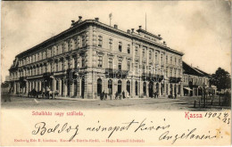 T2/T3 1902 Kassa, Kosice; Schalkház Nagyszálloda, Fried Márk üzlete. Eschwig Ede E. Kiadása / Hotel, Tram, Shops (EB) - Unclassified