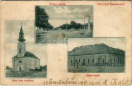 * T3 1909 Gombos, Bogojeva; Fő Utca, Római Katolikus Templom, Állami óvoda. Weisz Lázár Kiadása / Main Street, Catholic  - Unclassified