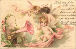 T2/T3 1901 Children Art Postcard, Angels With Gramophone. Litho (fl) - Sin Clasificación