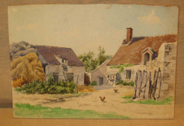 Ancien Petit Tableau Scène De Village Bourguignon Bourgogne XIX ème - Aquarel