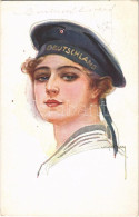 T2/T3 1916 "Deutschland" / WWI German Navy (Kaiserliche Marine) Art Postcard, Lady In Mariner's Uniform S: Usabal + "K.u - Sin Clasificación