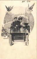 * T2/T3 1901 Lady Art Postcard, Romantic Couple In An Automobile. Art Nouveau, Floral. Fec. Ch. Scolik (EK) - Sin Clasificación