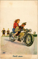 ** T3/T4 Repülj Gépem... / WWII Hungarian Military Art Postcard, Soldier On Motorbicycle With Woman S: Ottó (ázott / Wet - Non Classés