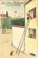 T2 1932 Herzlichen Glückwunsch Zum Namenstage / Name Day Greeting Card, Child, Ladder, Dog, L&P 2462/IV. Litho - Ohne Zuordnung