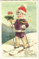 T2 Frohe Fahrt Ins Neue Jahr / New Year Greeting Card, Skiing Child, Mushroom, Golden Decoration, Erika Nr. 5017. Litho - Sin Clasificación