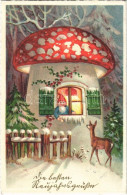 T2 1930 Die Besten Neujahrsgrüsse / New Year Greeting Card, Dwarf In A Mushroom House, Deer, Golden Decoration, Litho - Non Classificati