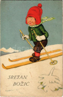 T2 1928 Sretan Bozic / Karácsonyi üdvözlet, Síelő Gyerek, Téli Sport / Christmas Greeting, Winter Sport, Skiing. Litho - Sin Clasificación