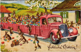 T2/T3 1938 Fröhliche Ostern / Húsvéti üdvözlet, Tojásos Teherautó Nyuszikkal / Easter Greeting, Truck Full Of Eggs, Rabb - Sin Clasificación