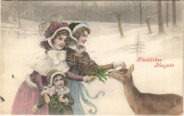 T2/T3 1907 Glückliches Neujahr! / New Year Greeting Art Postcard, Ladies With Deer (EK) - Zonder Classificatie