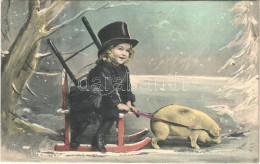 T2/T3 1908 New Year Greeting Card, Chimney Sweeper With Pig Sled (EK) - Ohne Zuordnung